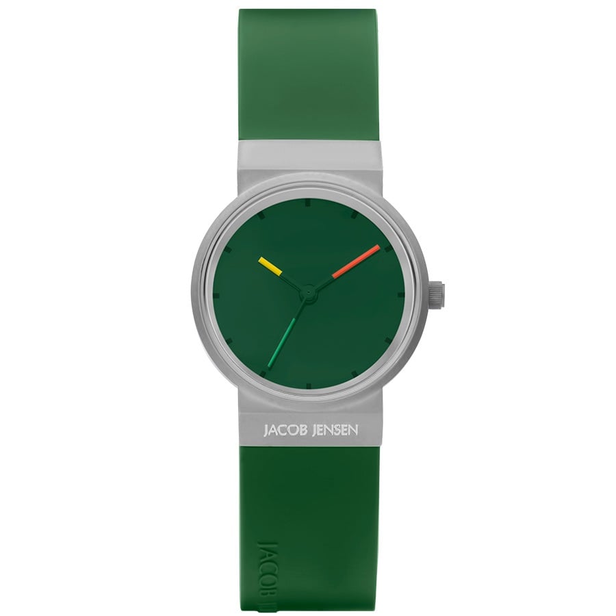 Orologio con cassa argentata e quadrante verde, cinturino in silicone verde, lancette gialle, rosse e verdi.