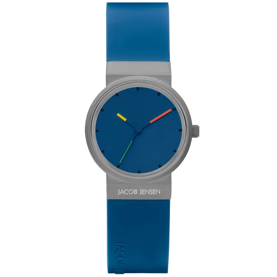 Orologio con cassa in acciaio inox e quadrante blu, cinturino in silicone blu e lancette colorate.