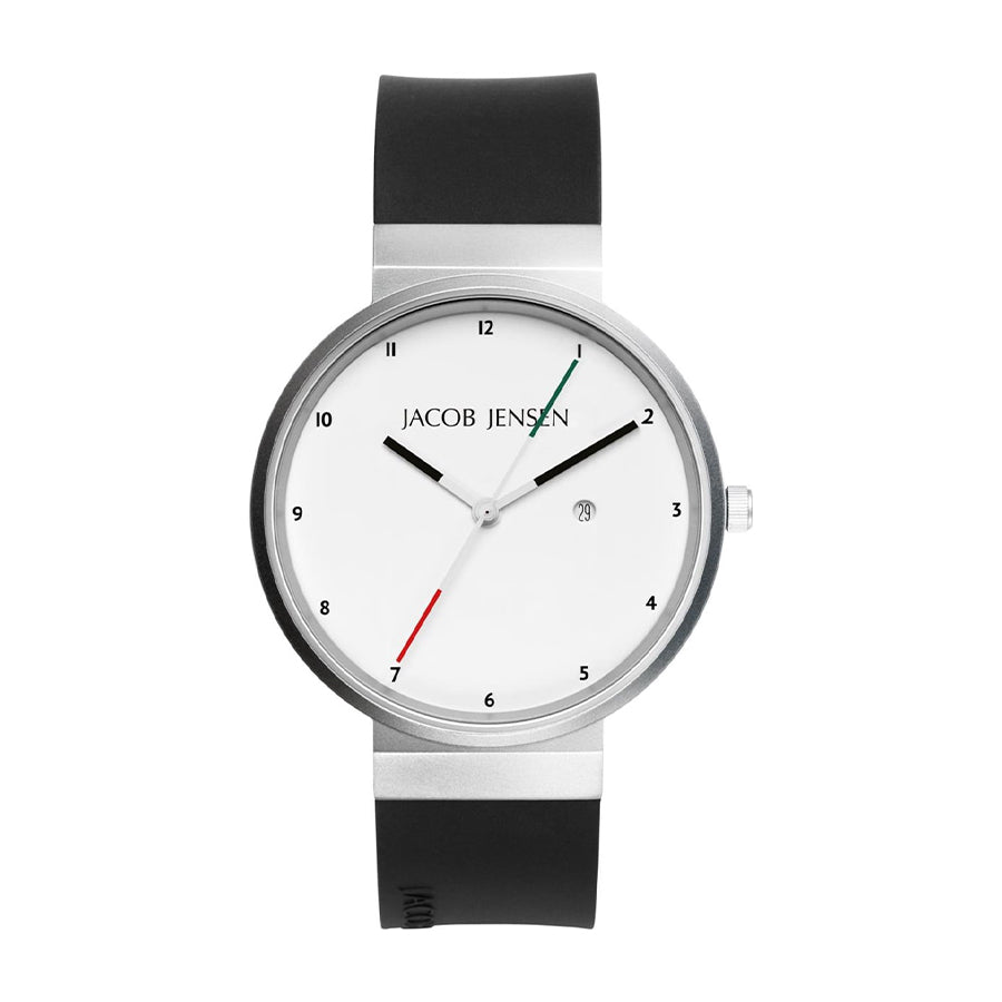Orologio con cassa in acciaio inox, quadrante bianco e cinturino in silicone nero.