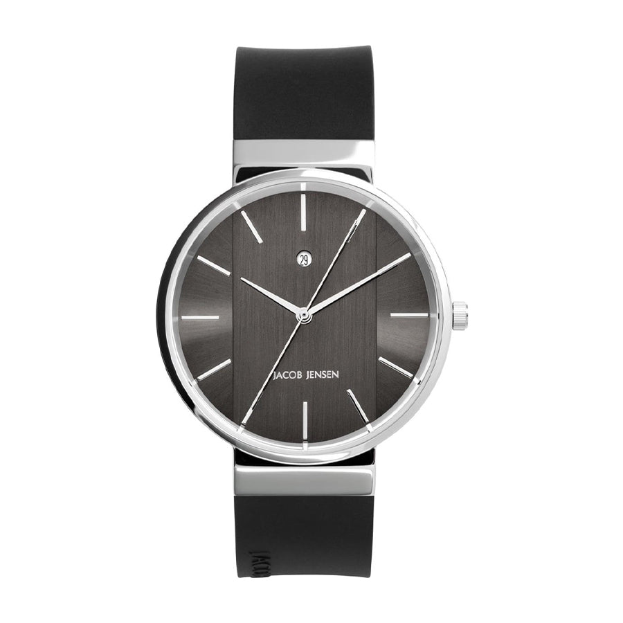Orologio con cassa argentata, quadrante grigio e cinturino in silicone nero.