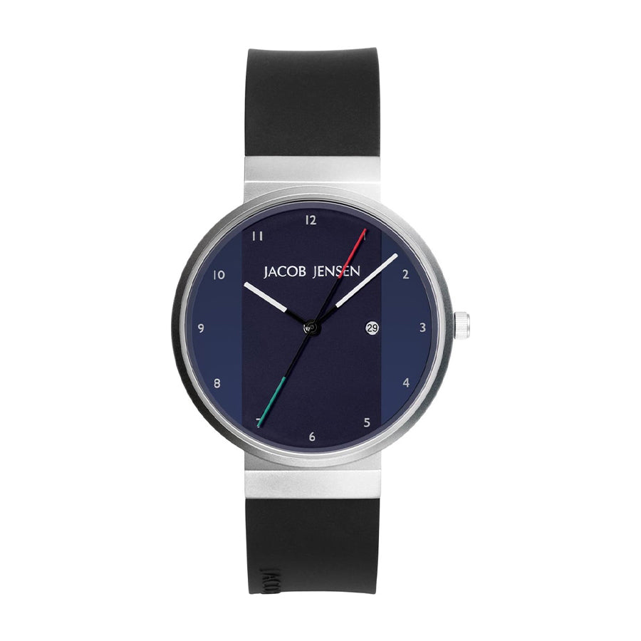 Orologio con cassa in acciaio inox, quadrante blu e cinturino in silicone nero.