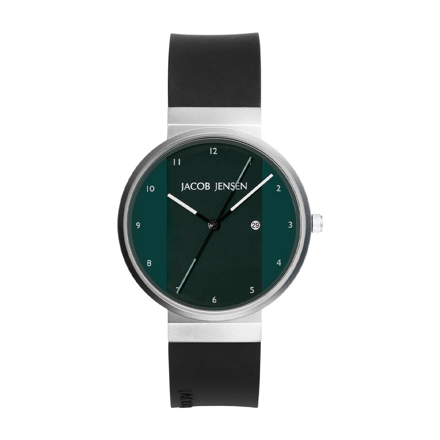 Orologio con cassa in acciaio inox e quadrante verde, cinturino in silicone nero.