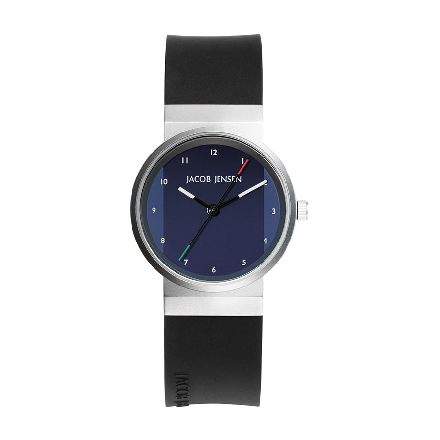 Orologio con cassa in acciaio inox e cinturino in silicone nero, quadrante blu con indicatori colorati.