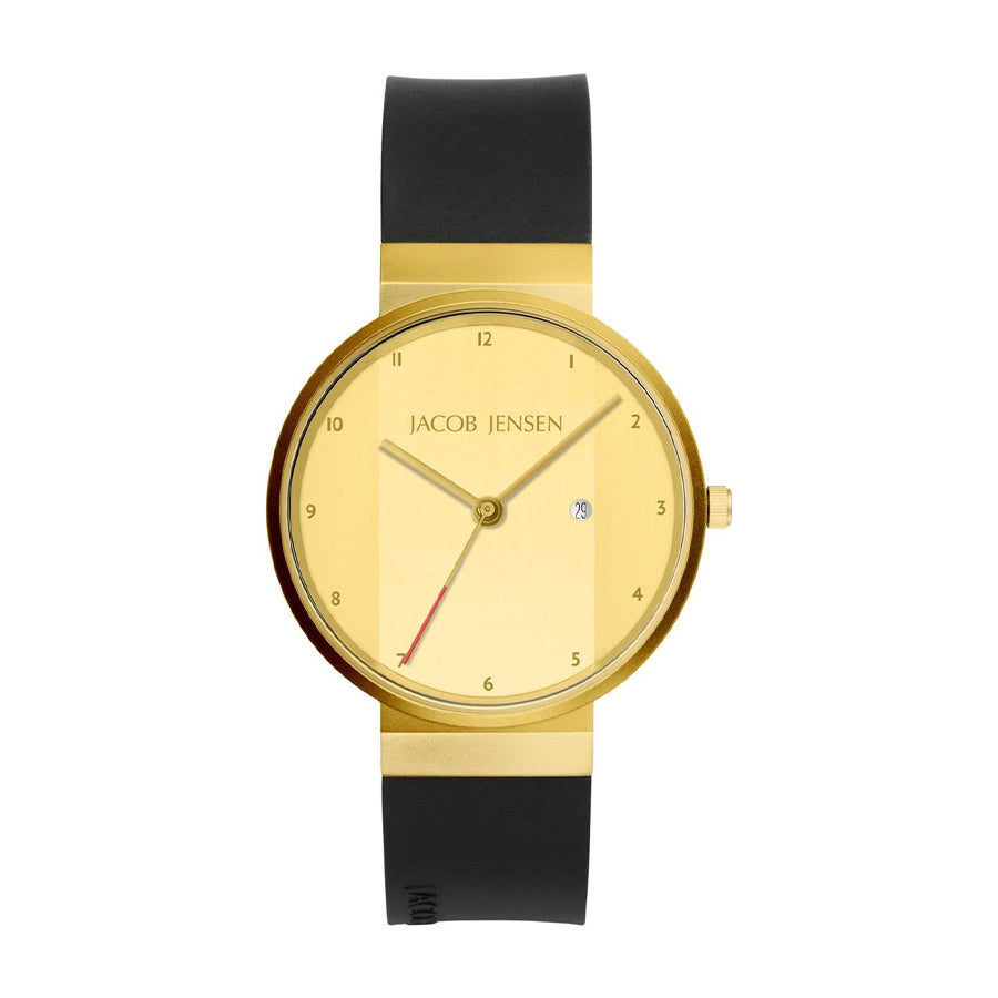 Orologio con cassa dorata, quadrante giallo e cinturino in silicone nero.