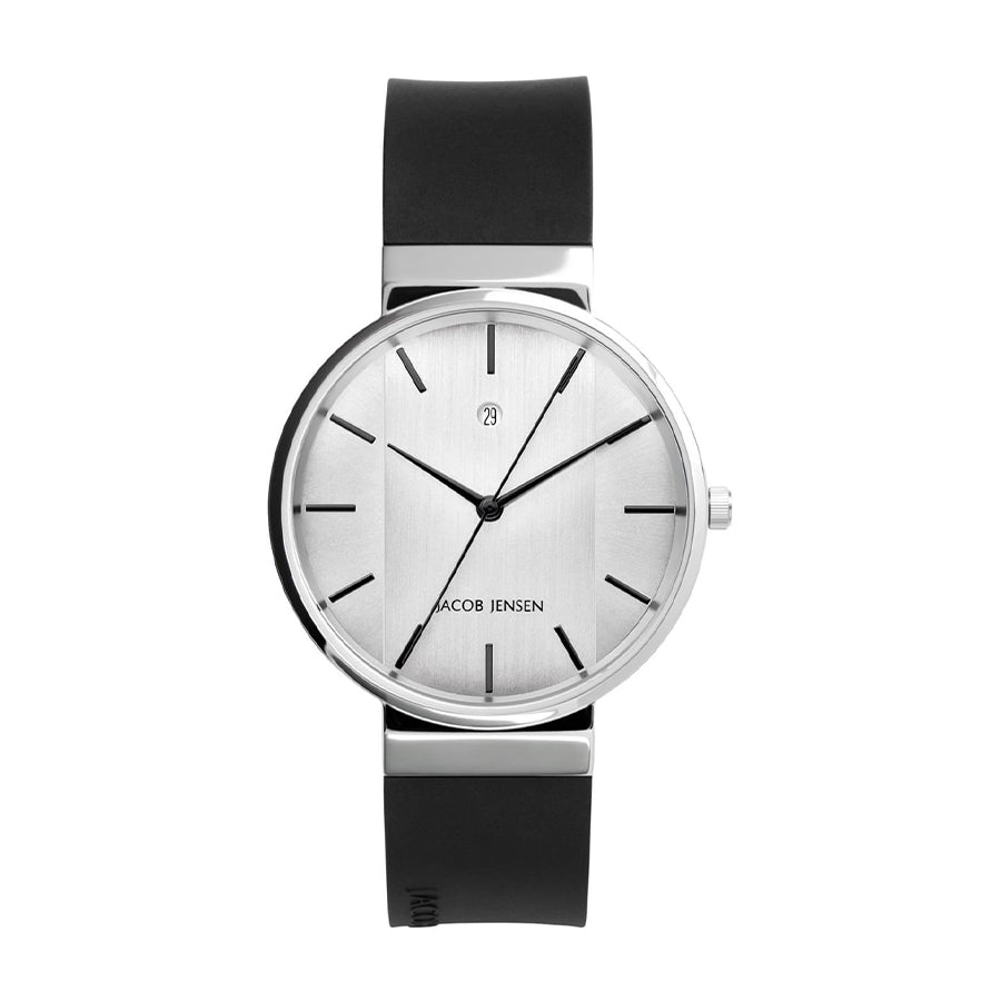 Orologio con cassa argentata e quadrante grigio, cinturino in silicone nero.