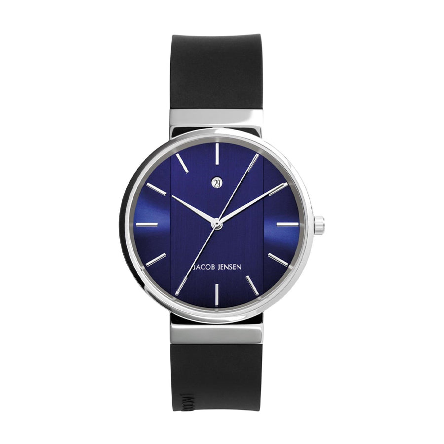 Orologio con quadrante blu, cassa in acciaio inox e cinturino in silicone nero.