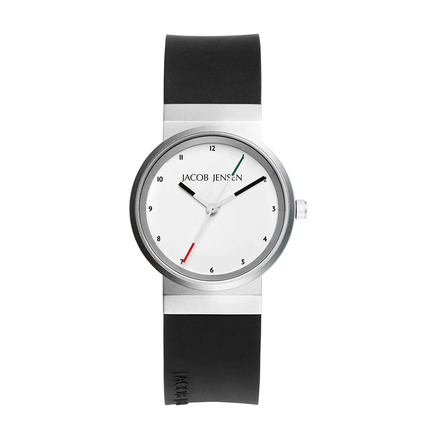 Orologio con cassa in acciaio inox, quadrante bianco e cinturino in silicone nero.