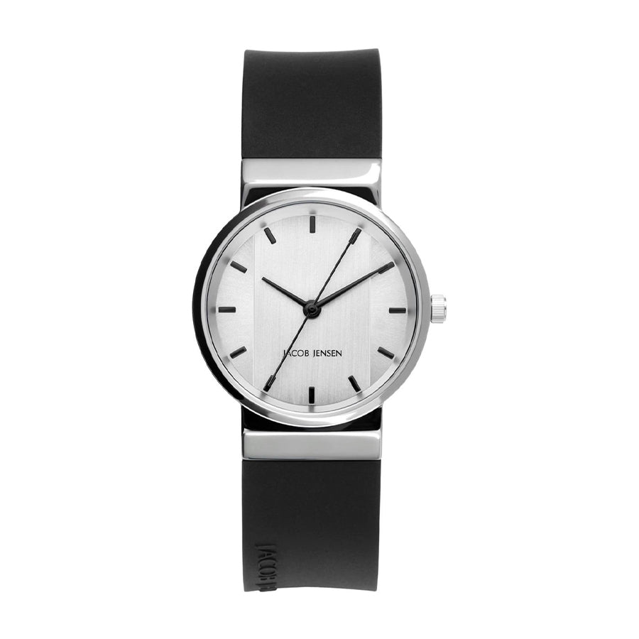 Orologio con cassa argentata, quadrante bianco e cinturino in silicone nero.