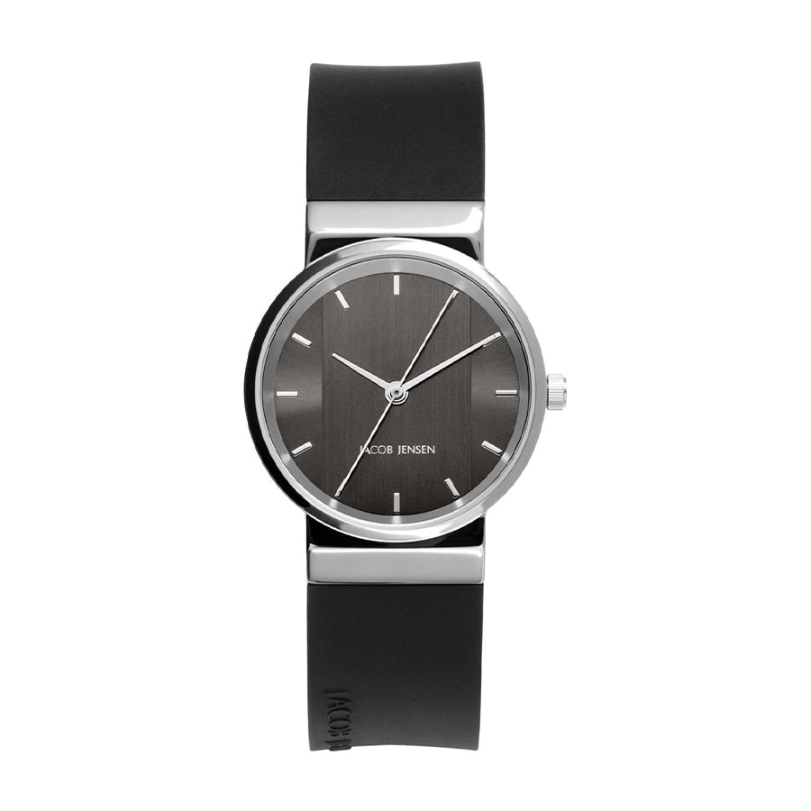 Orologio con cassa argentata e quadrante grigio, cinturino in silicone nero.