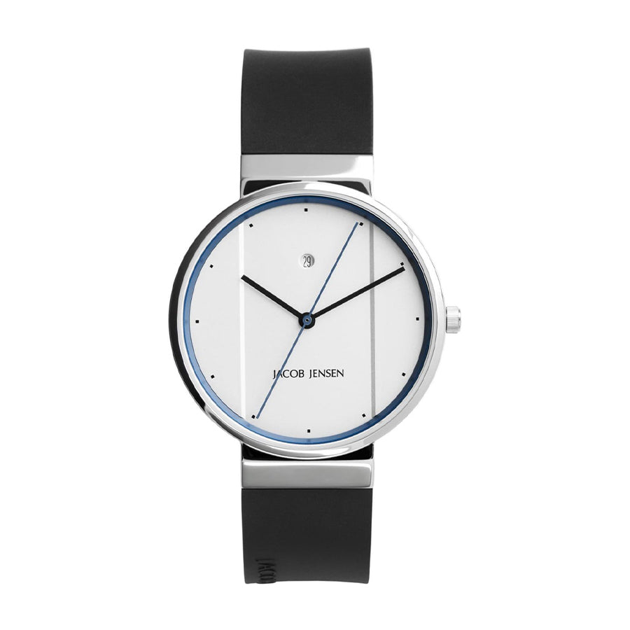 Orologio con cassa argentata, quadrante bianco, lancette nere e cinturino in gomma nera.