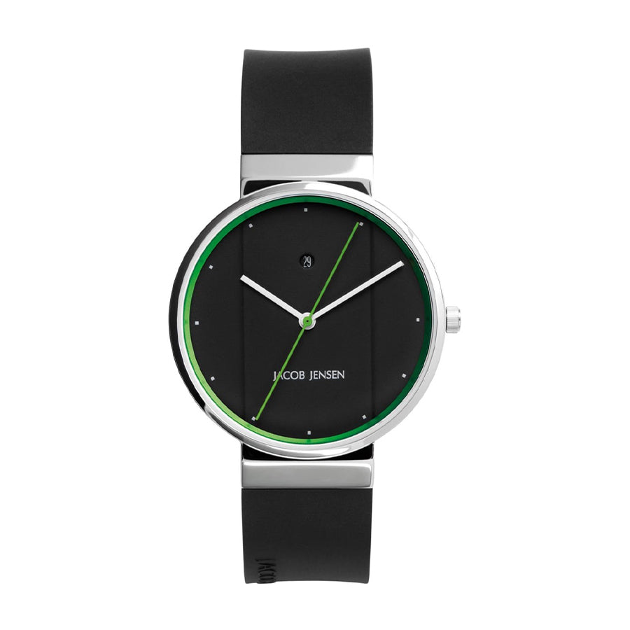 Orologio con cassa rotonda in acciaio inox, quadrante nero con dettagli verdi e cinturino in silicone nero.
