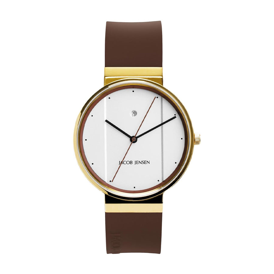 Orologio con cassa dorata, quadrante bianco, lancette nere e cinturino marrone in silicone.