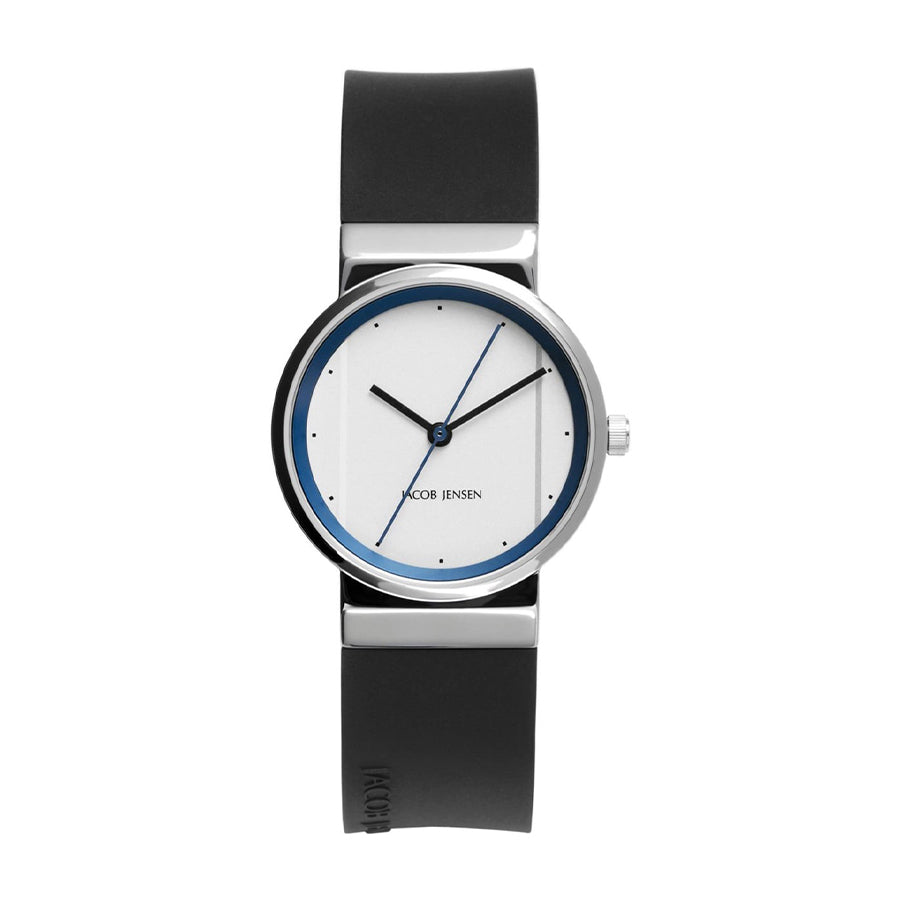 Orologio con cassa argentata, quadrante bianco e cinturino in silicone nero.
