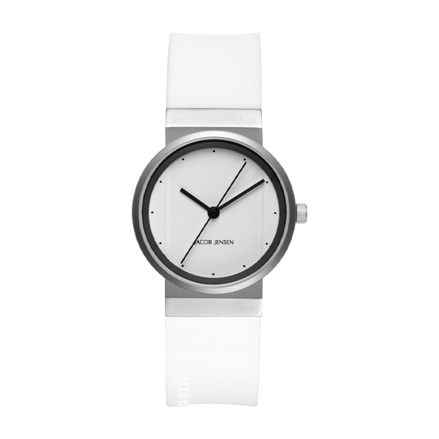 Orologio con cassa argentata e quadrante bianco, cinturino in silicone trasparente.