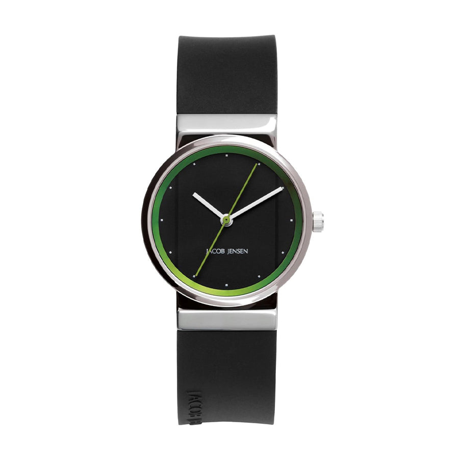 Orologio con quadrante nero, cassa in acciaio inox e cinturino in silicone nero, dettagli verdi.
