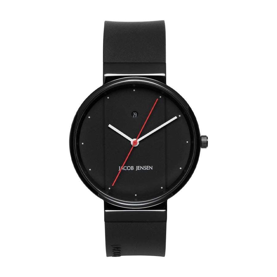 Orologio con cassa nera, quadrante nero e cinturino in silicone, dettagli rossi.