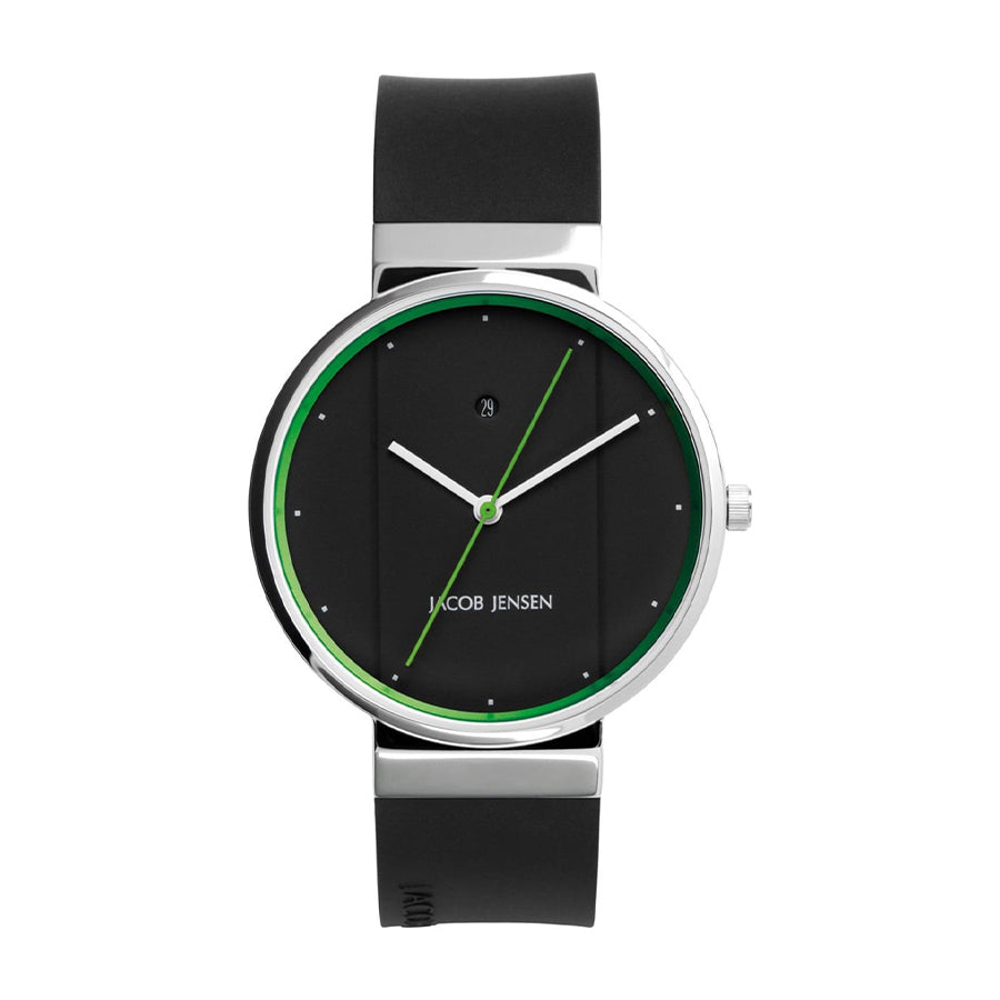 Orologio con cassa rotonda in acciaio inox, quadrante nero con dettagli verdi e cinturino in silicone nero.