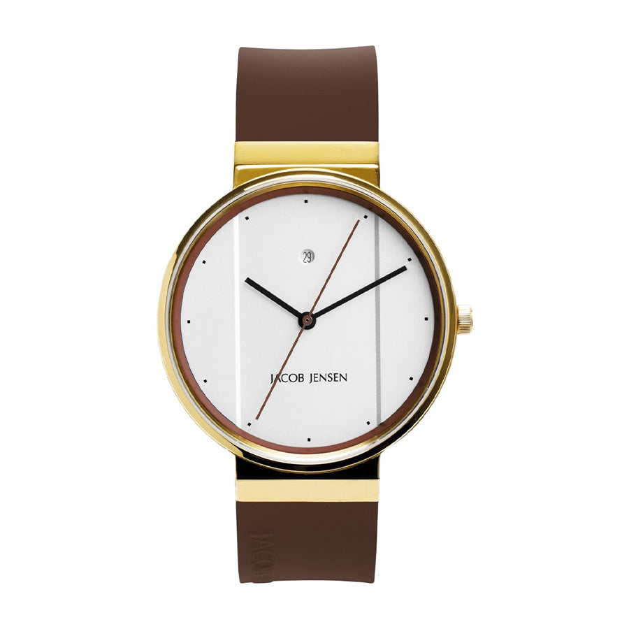 Orologio con cassa dorata, quadrante bianco, cinturino in silicone marrone e lancette nere.