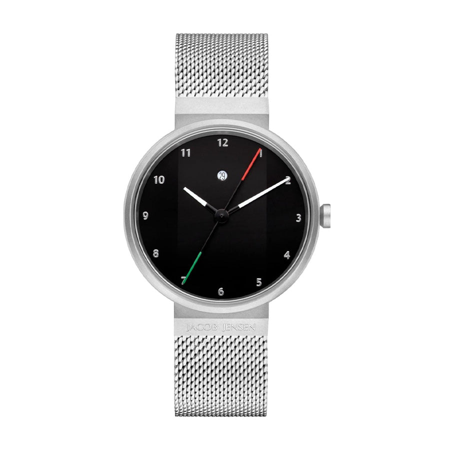 Orologio con quadrante nero, cassa in acciaio inox e cinturino in maglia rolò.