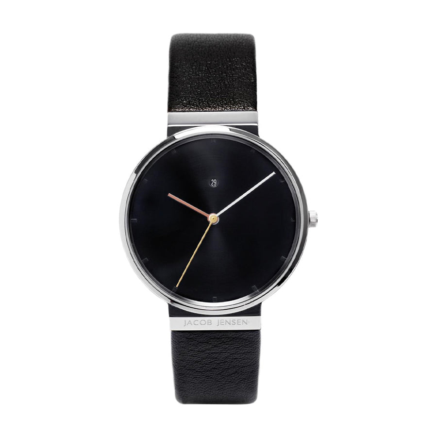 Orologio con quadrante nero, cassa argentata e cinturino in pelle nera.