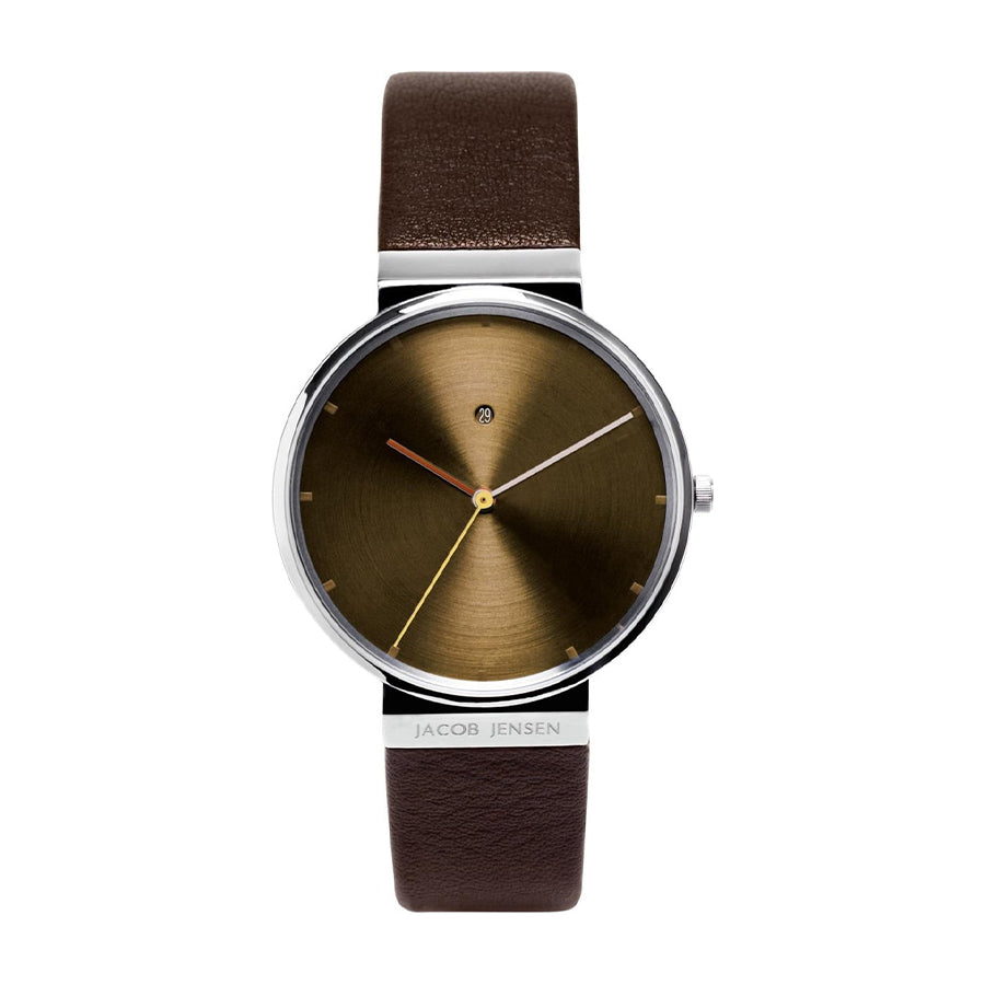 Orologio con quadrante dorato e cinturino in pelle marrone.