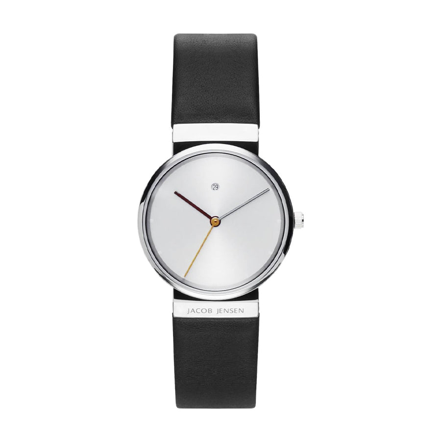 Orologio con cassa argentata, quadrante bianco e cinturino in pelle nera.