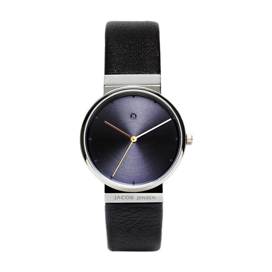 Orologio con quadrante blu scuro, cassa in acciaio inox e cinturino in pelle nera.