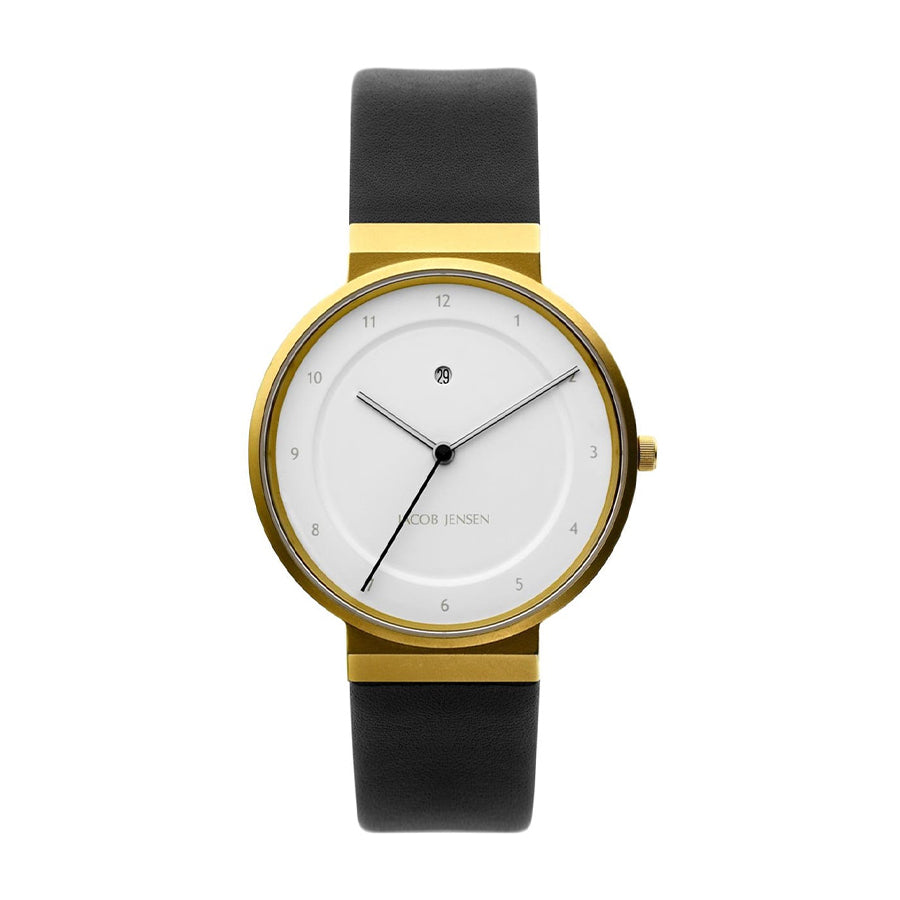 Orologio con cassa dorata, quadrante bianco e cinturino in silicone nero.