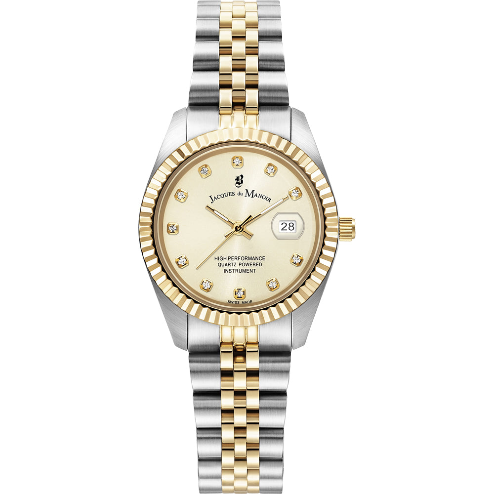 Orologio con cassa bicolore in acciaio e oro, quadrante dorato con diamanti, cinturino a maglia rolò.