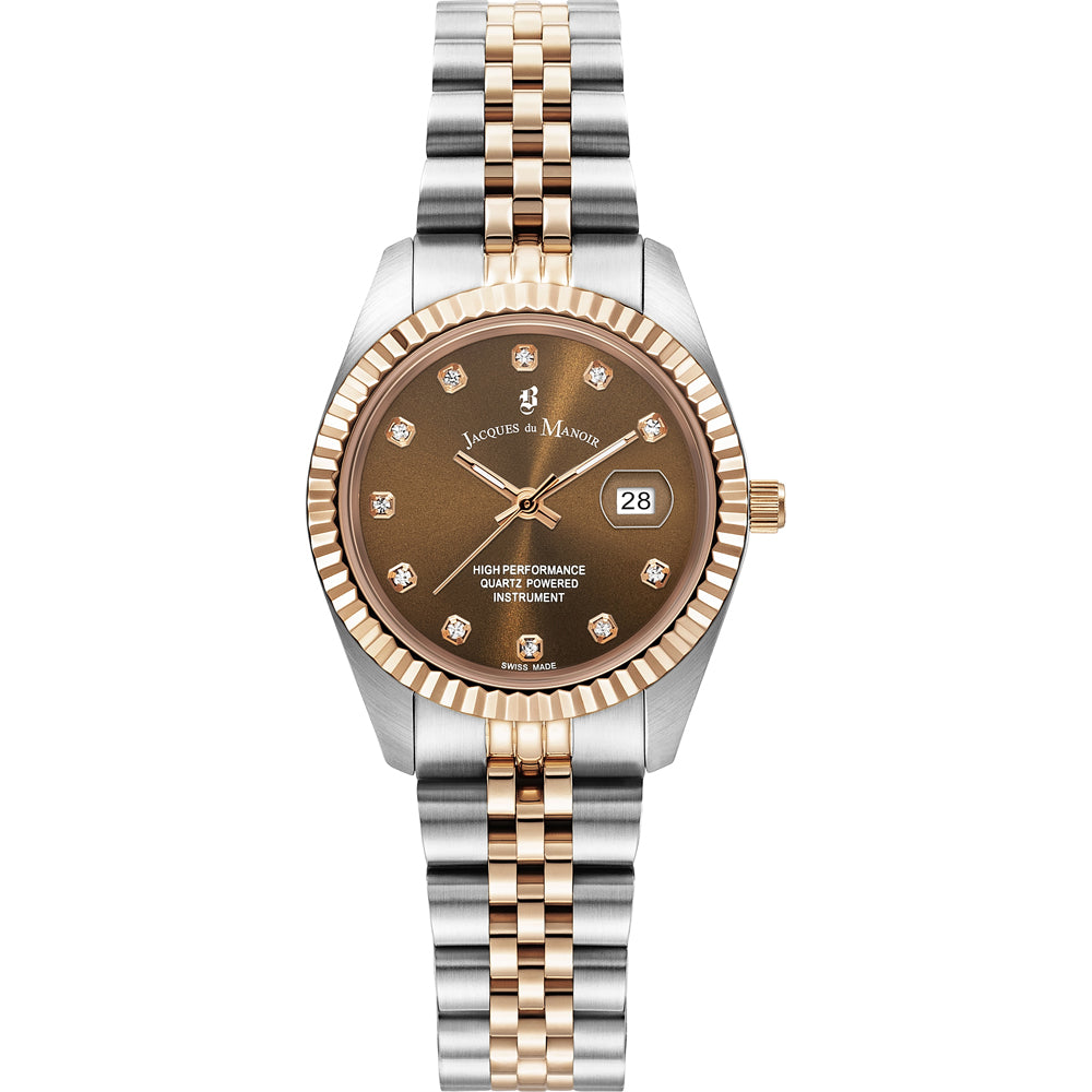 Orologio con cassa bicolore, quadrante marrone e brillanti, cinturino in acciaio.