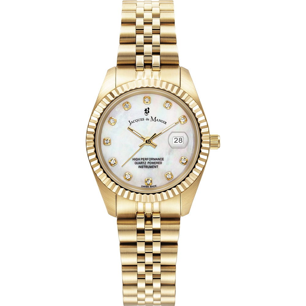 Orologio dorato con quadrante madreperla e brillanti, cinturino a maglia rolò.