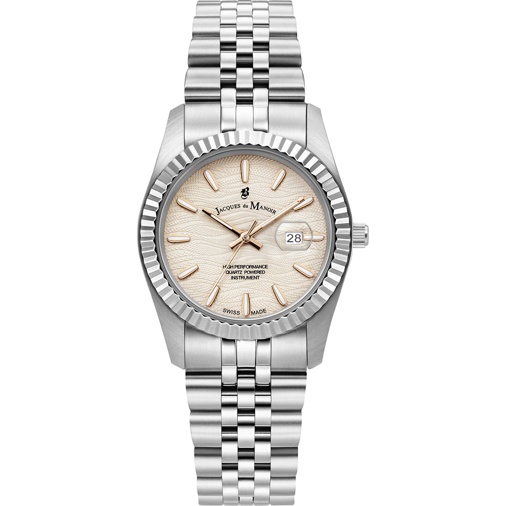Orologio con cassa argentata, quadrante chiaro e bracciale in maglia rolò.