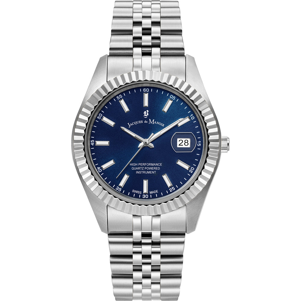 Orologio con cassa in acciaio inox, quadrante blu e bracciale a maglia rolò.