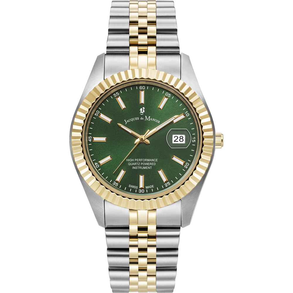 Orologio con cassa argentata e dorata, quadrante verde e bracciale in acciaio inox.