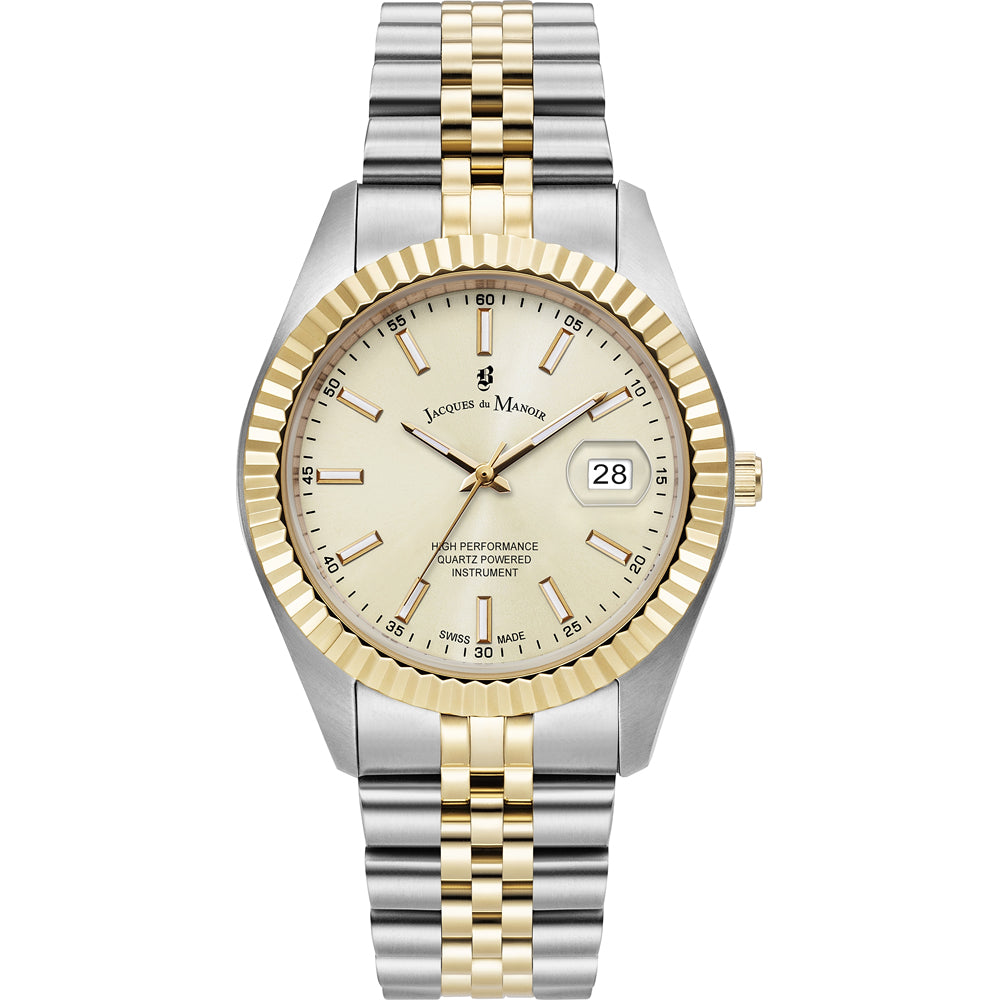 Orologio con cassa argentata e dorata, quadrante chiaro e bracciale bicolore.