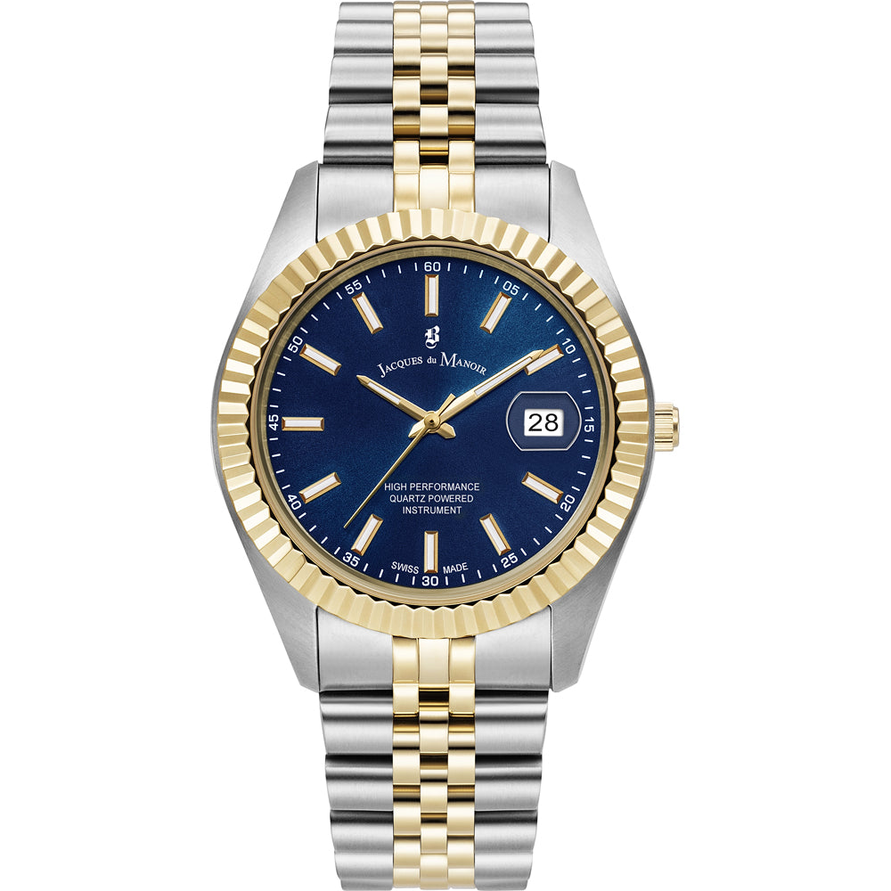 Orologio con cassa argentata e dorata, quadrante blu, bracciale in acciaio con maglia rolò.
