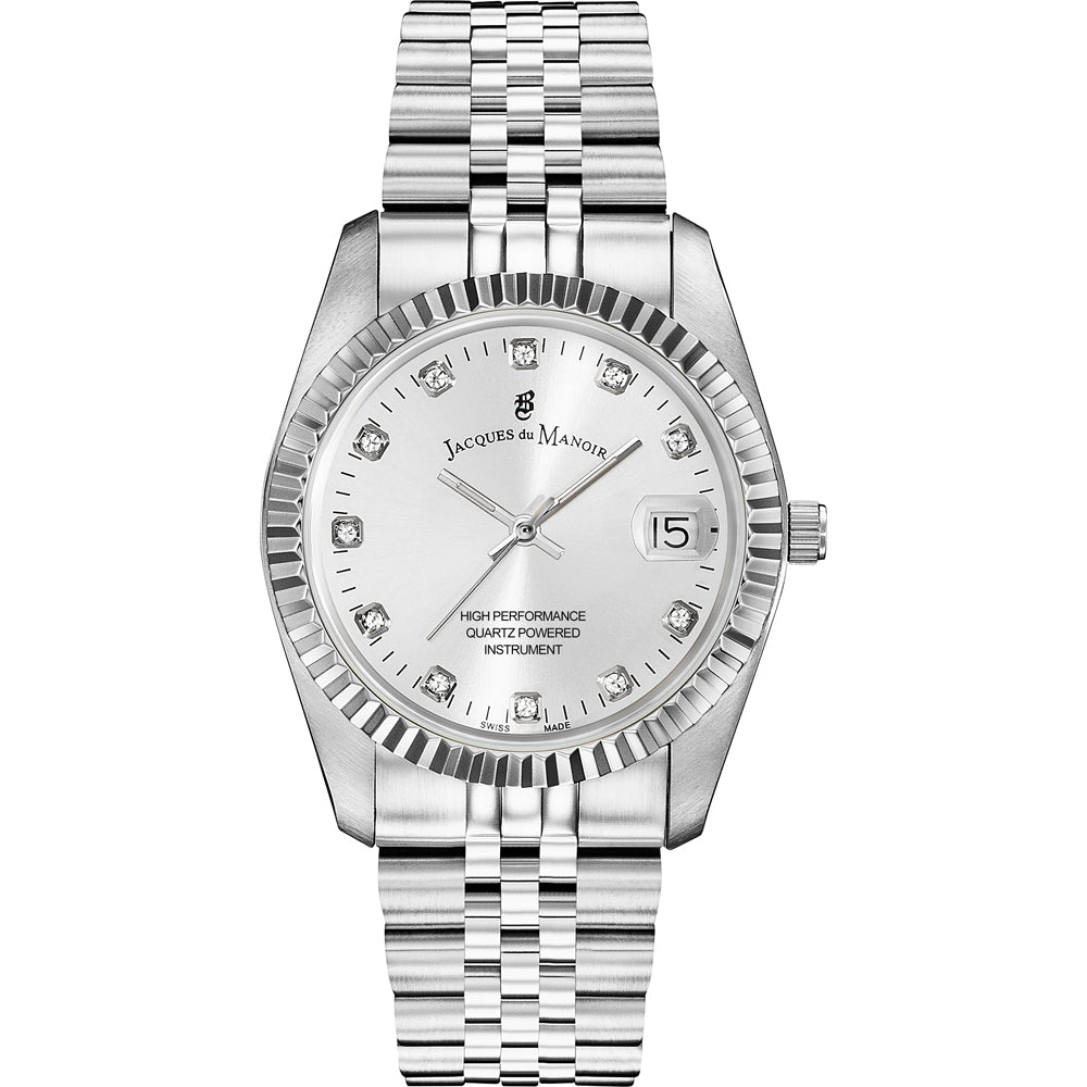 Orologio con cassa argentata, quadrante bianco e bracciale in acciaio, con diamanti.