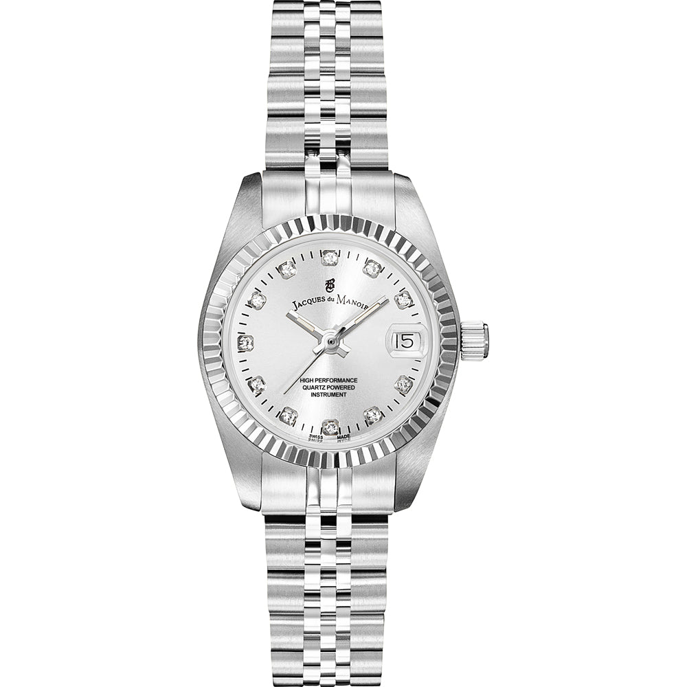 Orologio in acciaio inox con quadrante argentato e bracciale a maglia rolò.