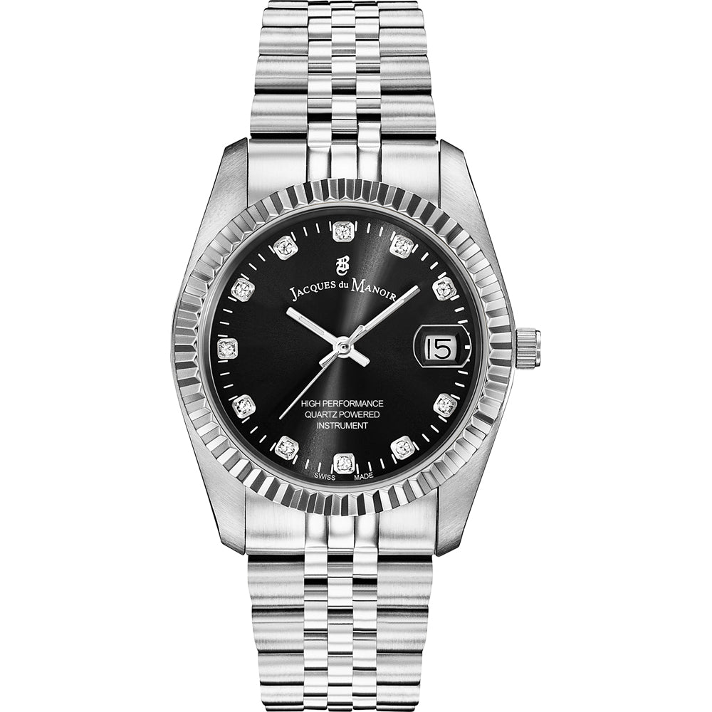 Orologio con cassa in acciaio inox, quadrante nero, bracciale a maglia rolò e datario.