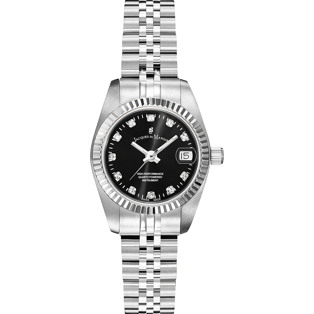 Orologio con cassa in acciaio inox, quadrante nero e bracciale a maglia rolò.