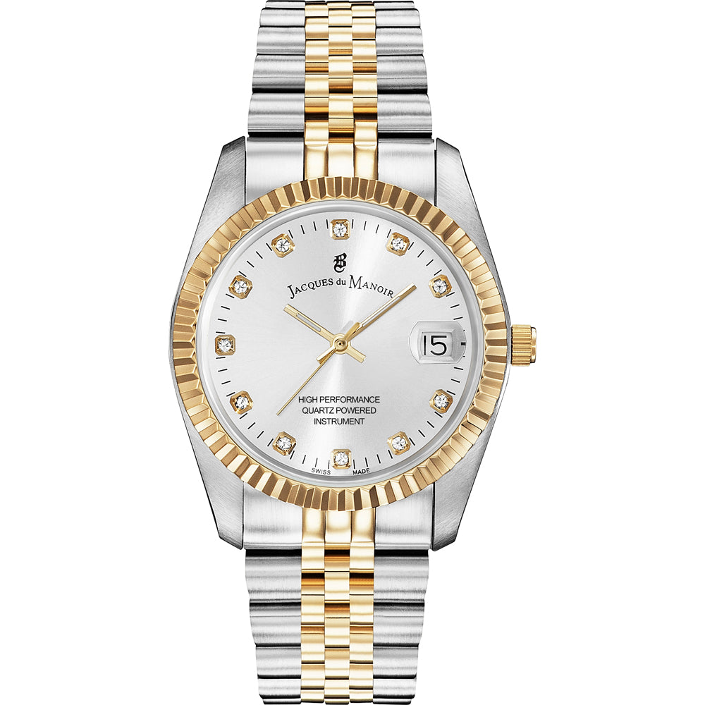 Orologio con cassa argentata e dorata, quadrante bianco con diamanti, bracciale bicolore.