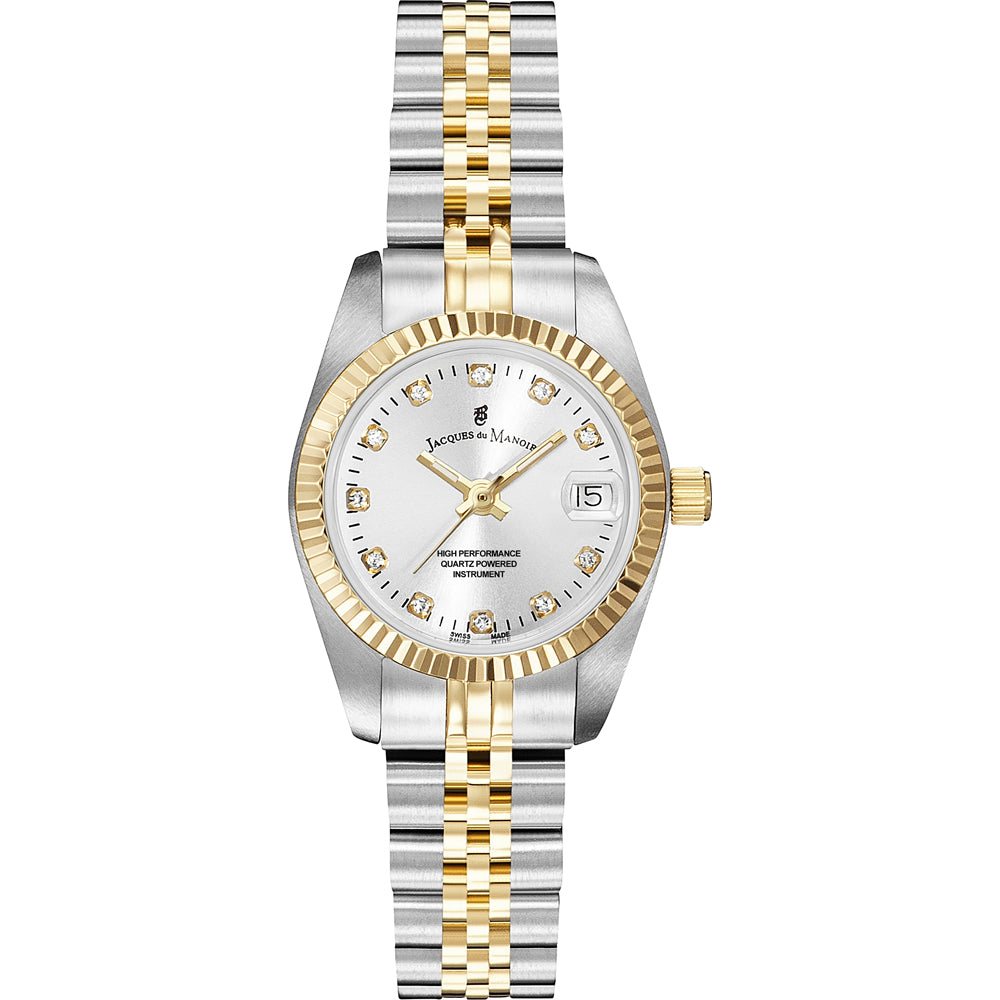 Orologio con cassa in acciaio inox e oro, quadrante argentato con diamanti e bracciale bicolore.