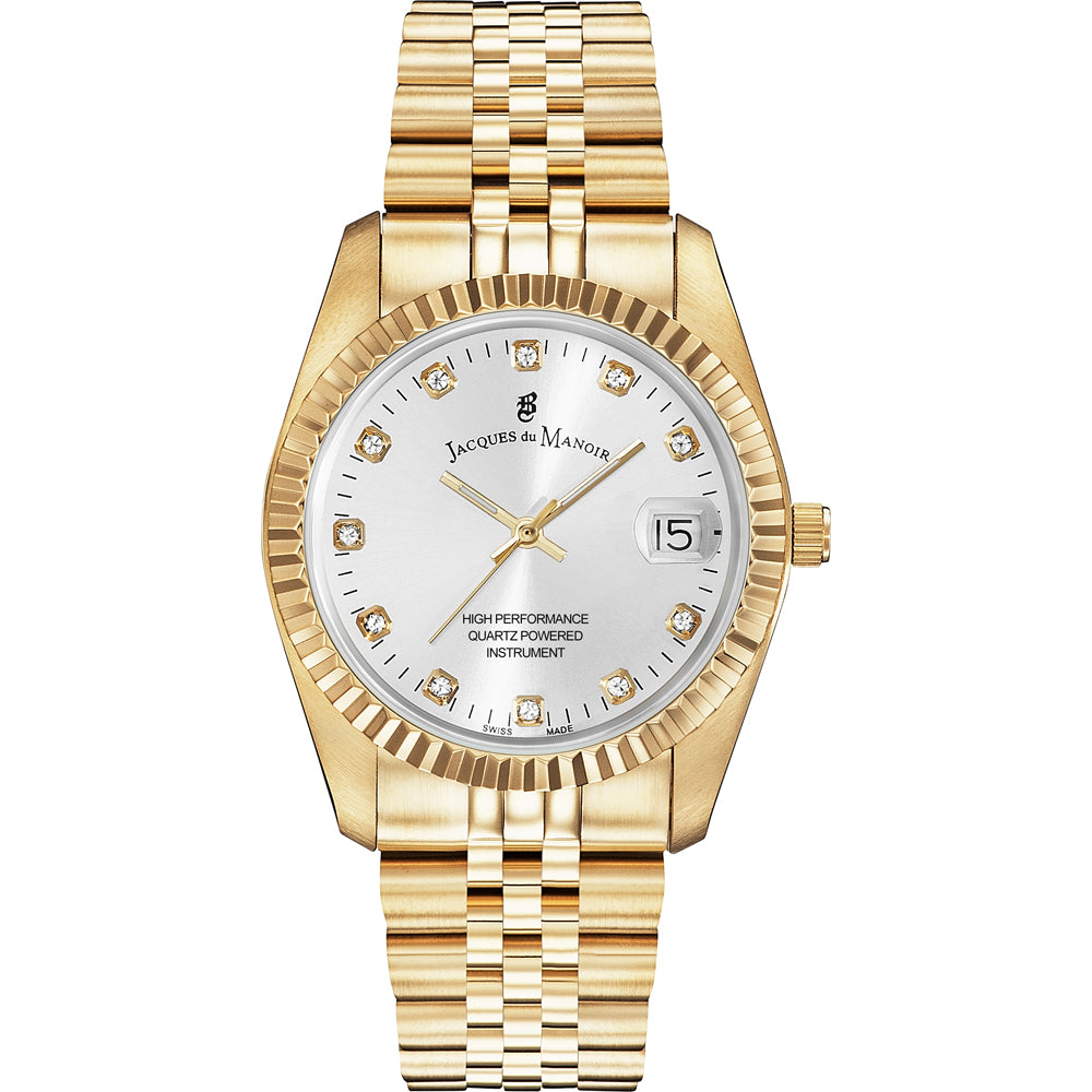 Orologio con cassa dorata, quadrante argentato con indici brillanti e bracciale in maglia rolò.