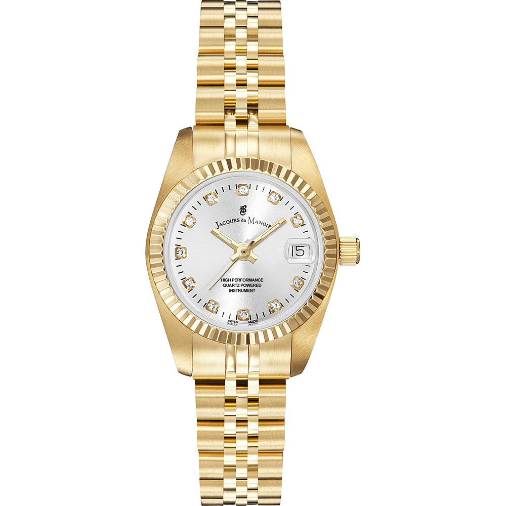 Orologio dorato con quadrante argentato e diamanti, cinturino a maglia rolò.