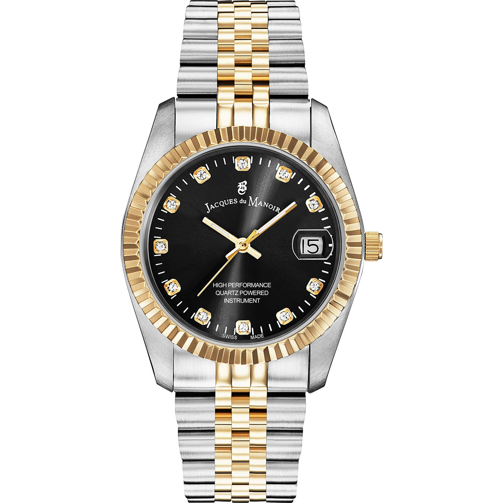 Orologio con cassa bicolore in acciaio e oro, quadrante nero con diamanti e datario.