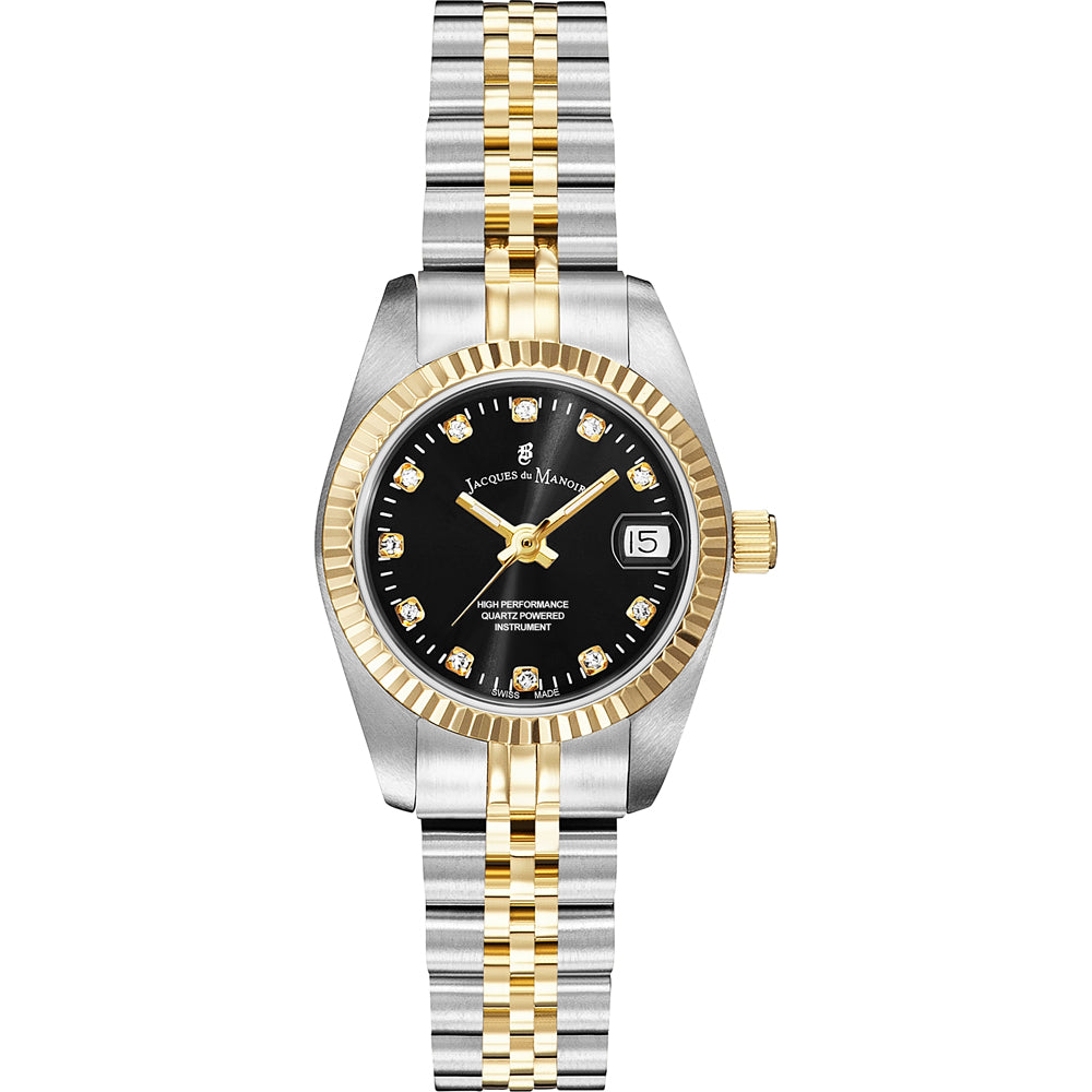 Orologio con cassa bicolore, quadrante nero e bracciale in acciaio e oro, con datario.