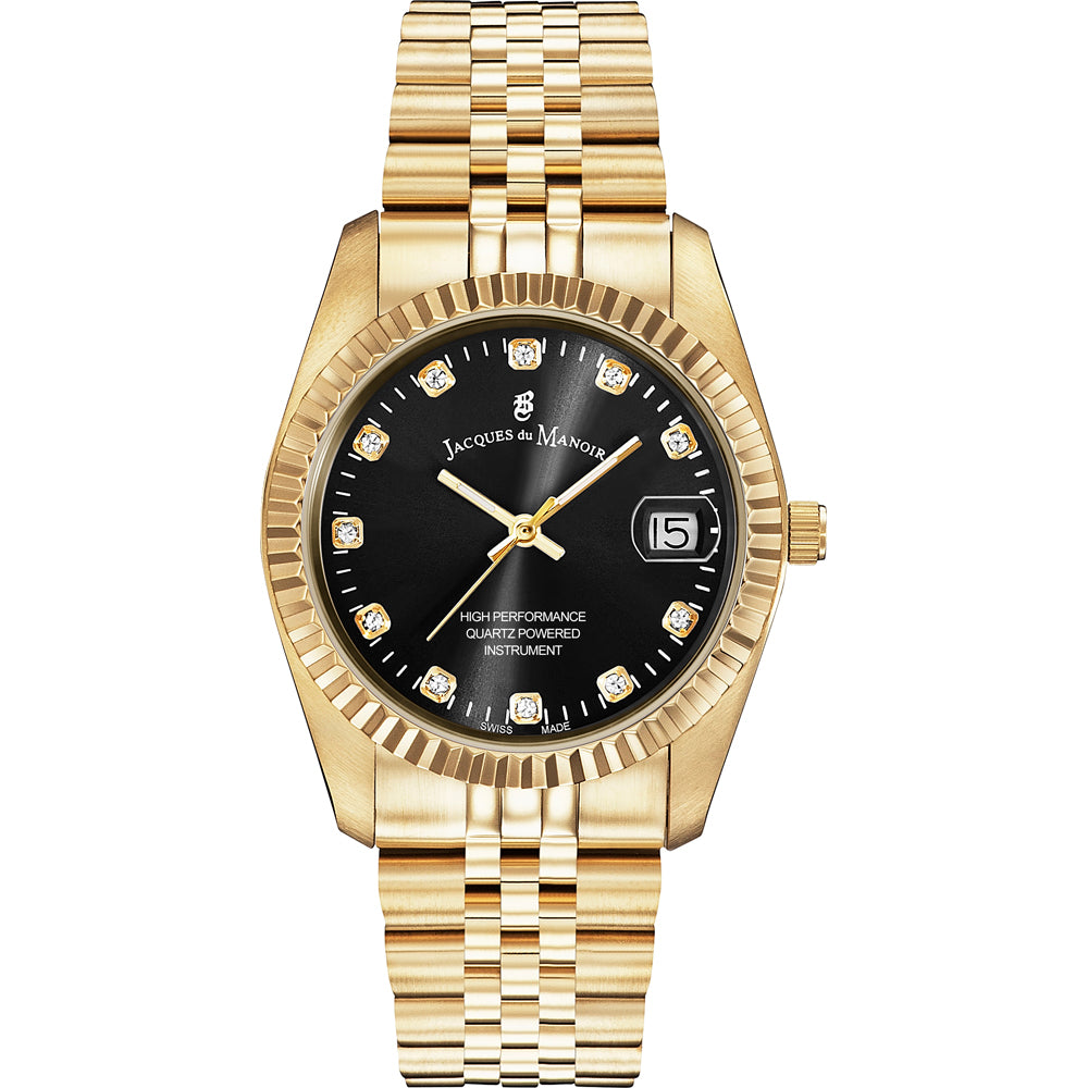 Orologio dorato con quadrante nero, bracciale a maglia rolò e dettagli brillanti.