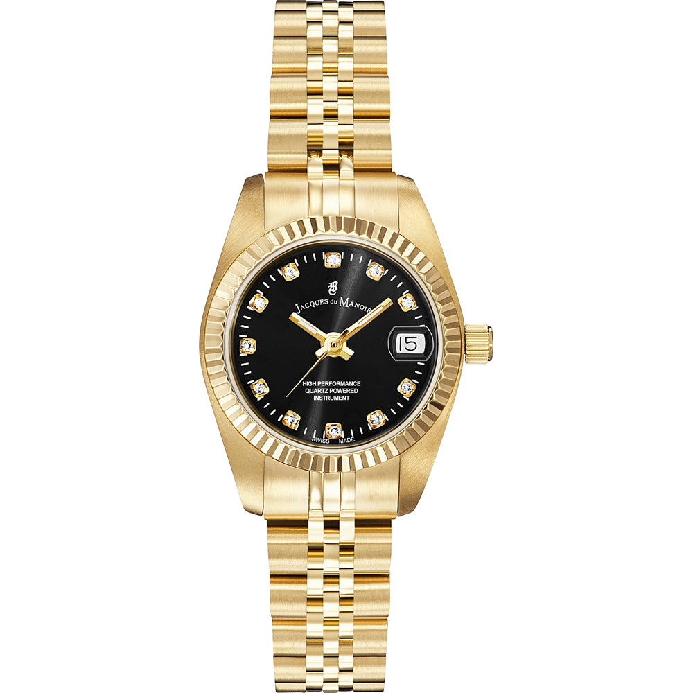 Orologio dorato con quadrante nero e diamanti, bracciale a maglia rolò.