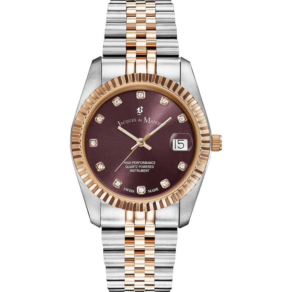 Orologio con cassa in acciaio inox e oro rosa, quadrante bordeaux con diamanti, bracciale a maglia rolò.