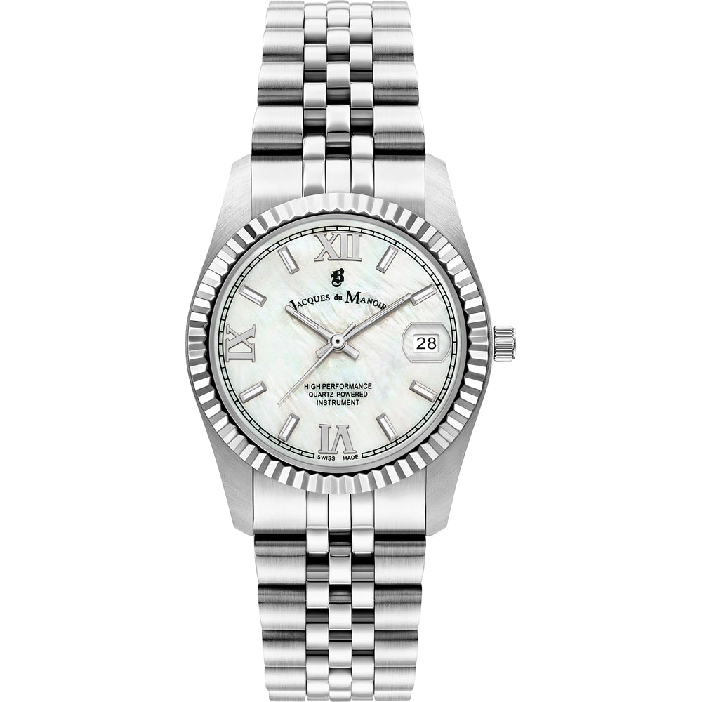 Orologio con cassa in acciaio inox, quadrante madreperla e bracciale a maglia rolò.